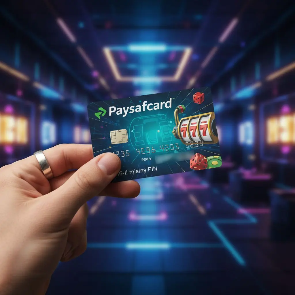 Ruka držící Paysafecard kartu před grafikou mobilního kasina